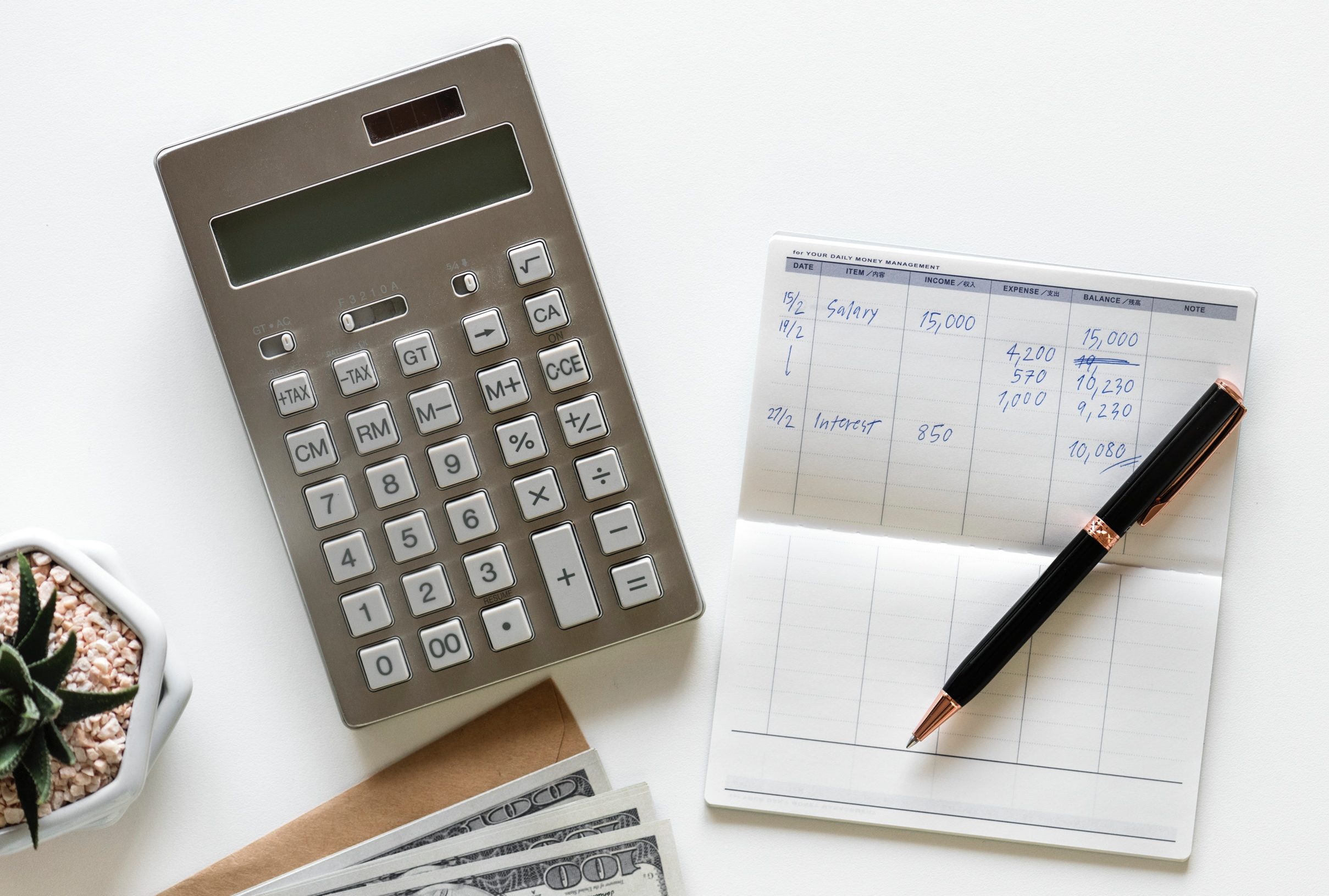 calculator, checkbook and money